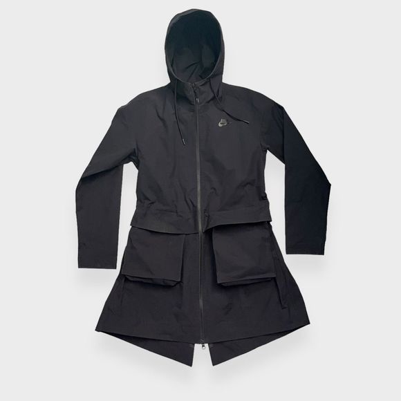 Nike Cargo Parka Small Black Waterproof Long Hooded Rain Jacket Cinch Waist - Picture 2 of 15